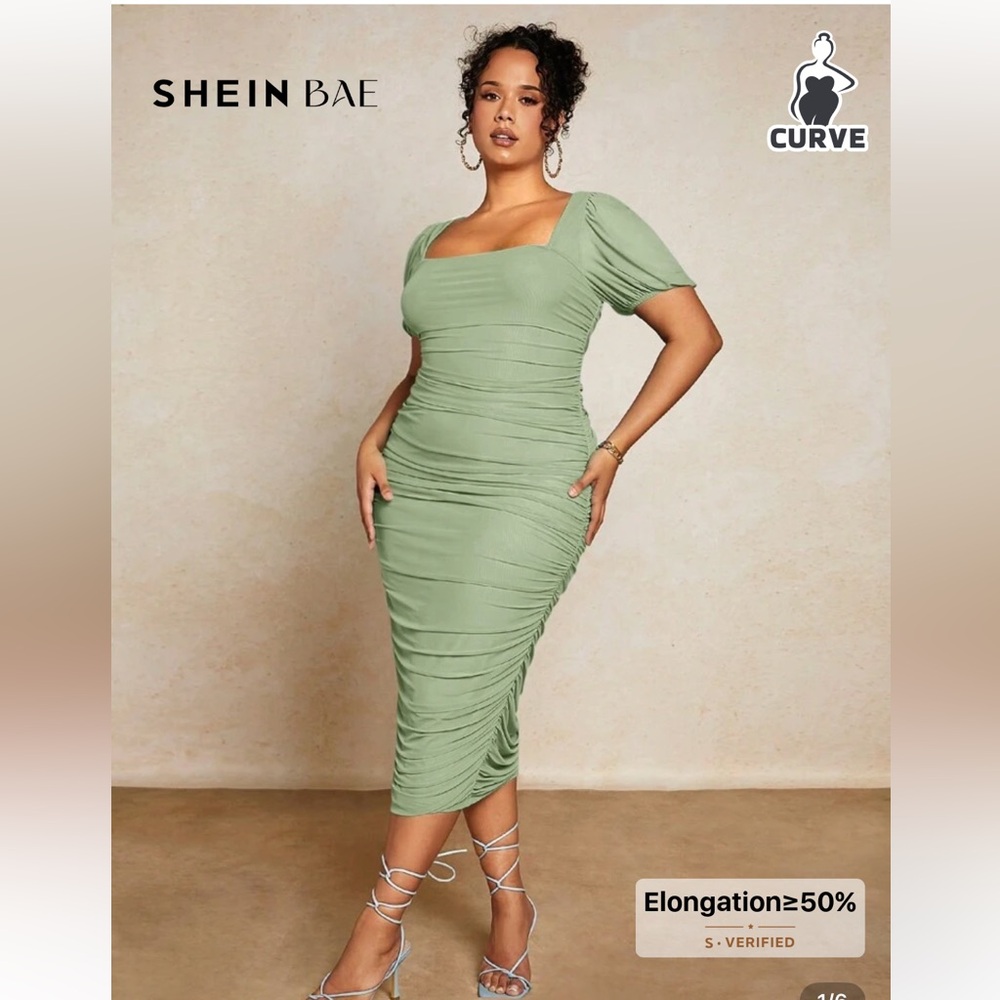 SHEIN BAE Sage Green Ruched Midi Dress